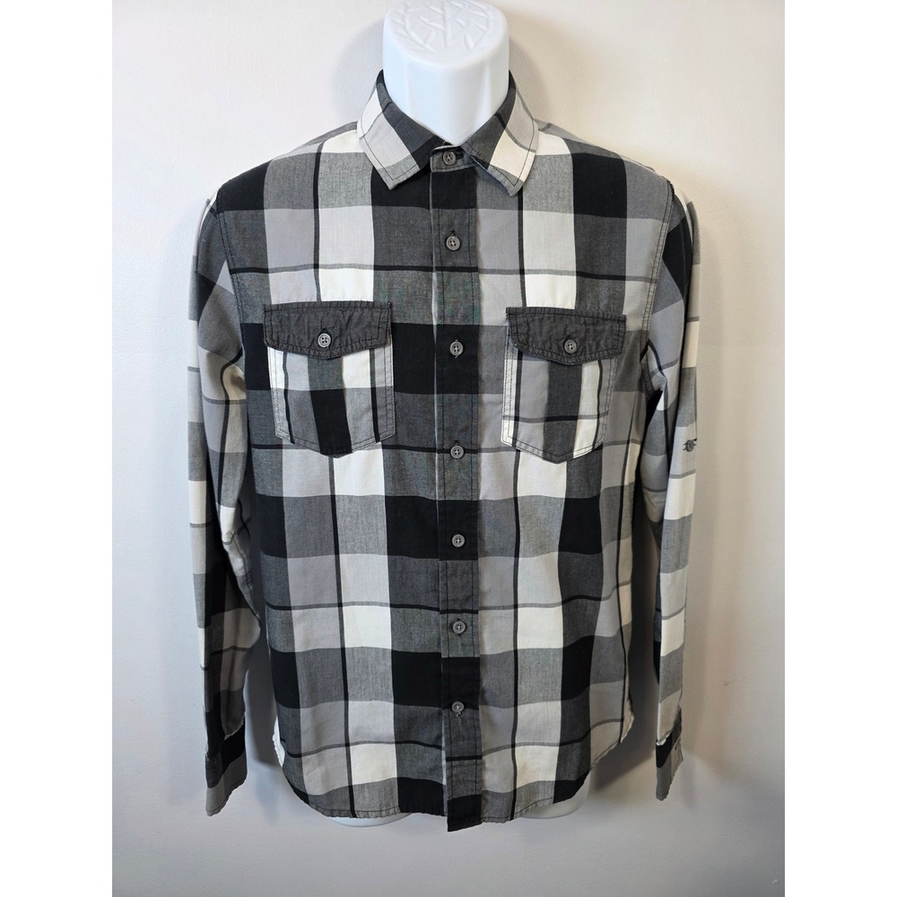 Carbon Mens Slim Fit Buffalo Plaid Button Down Shirt Black Gray White Small